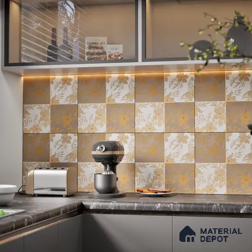 Floral Wall Tile TL 07250 Plana 8008 GLM (Gold) 1 ft x 1 ft Ceramic Matte Finish - 9 mm  | 2 mm Spacer is Mandatory | Please Expect a Slight Variation of Pattern